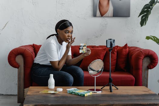 A woman records a makeup tutorial in a cozy indoor setting with cosmetics and a smartphone stand.