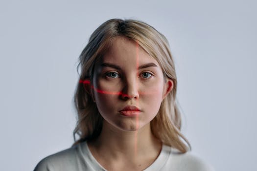 Close-up of a young woman with facial recognition lasers projected, symbolizing future technology.