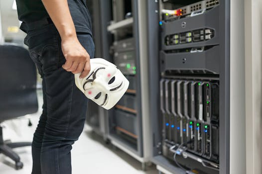 Person holding anonymous mask near servers, hinting at cybersecurity and hacking themes.