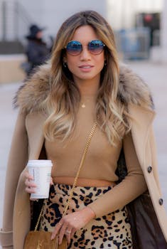 Stylish woman in fur coat and leopard skirt holding coffee on NYC street.