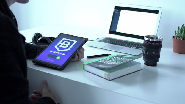 A desk with tablet displaying blockchain, laptop, book, and camera lens, symbolizing tech and innovation.