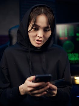 A young woman in a black hoodie uses her smartphone indoors, surrounded by tech gear.