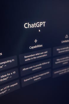 Vertical shot of ChatGPT interface on screen highlighting AI capabilities.