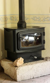 A cozy wood-burning stove indoors. Perfect for home warmth and comfort.