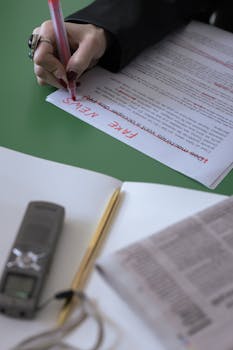 A person highlights fake news on a document with a red pen, emphasizing media literacy.