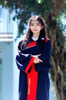 Confident young woman in academic gown holding diploma outdoors.