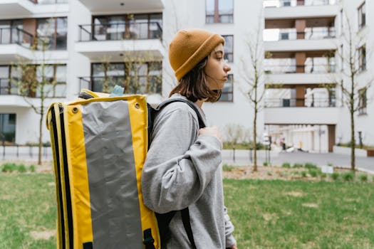 Woman in casual attire with a thermal delivery bag, walking in a modern city environment.